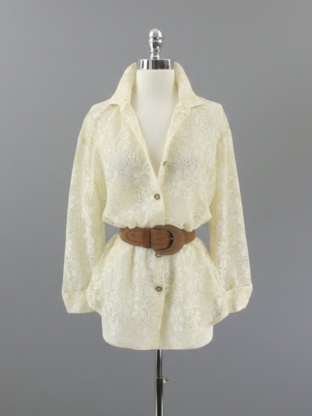 Vintage 70s Antique White Lace Blouse M